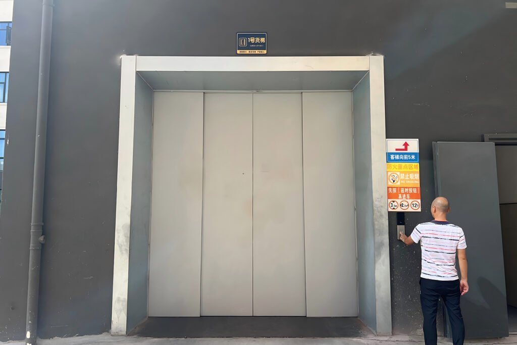 FEIYA 12-ton industrial freight elevator installed at a manufacturing facility in Jinhua, China